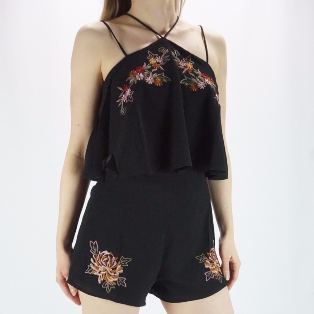 Black Strappy Embroidered Crepe Romper